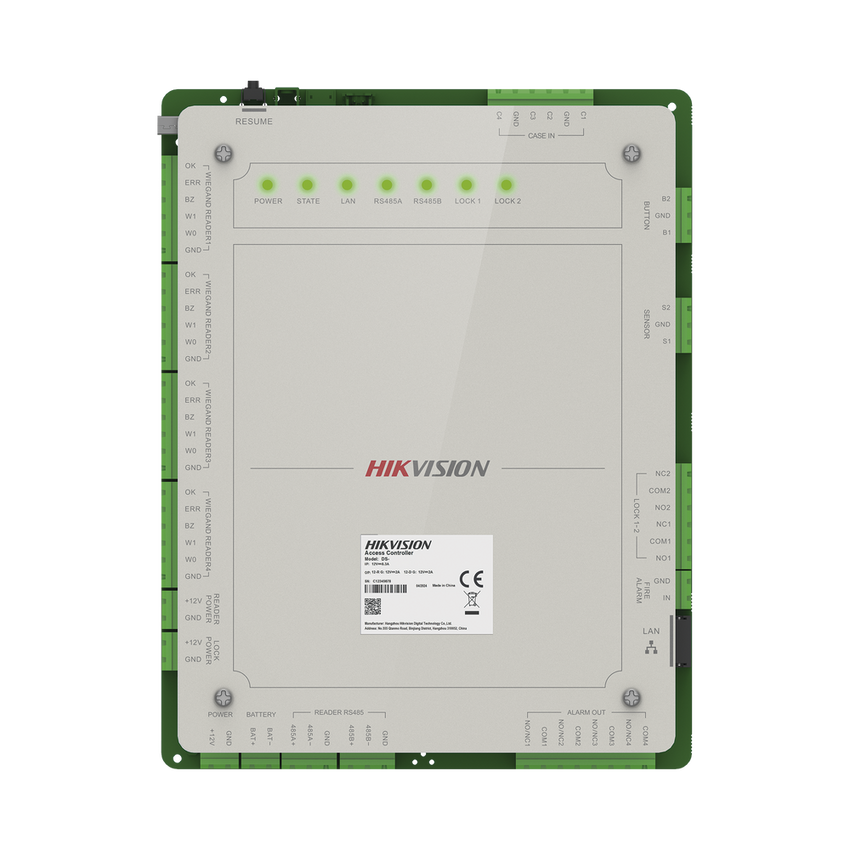 Controlador de Acceso 2 Puertas Administrable en la Nube con Hik-Connect Teams / Interfaz Web / 4 Lectores de Huella o Tarjeta / 100,000 Tarjetas / 10,000 Huellas / Incluye Gabinete y Fuente de Alimentación 12 Vcd 8 A / Soporta Batería de Re