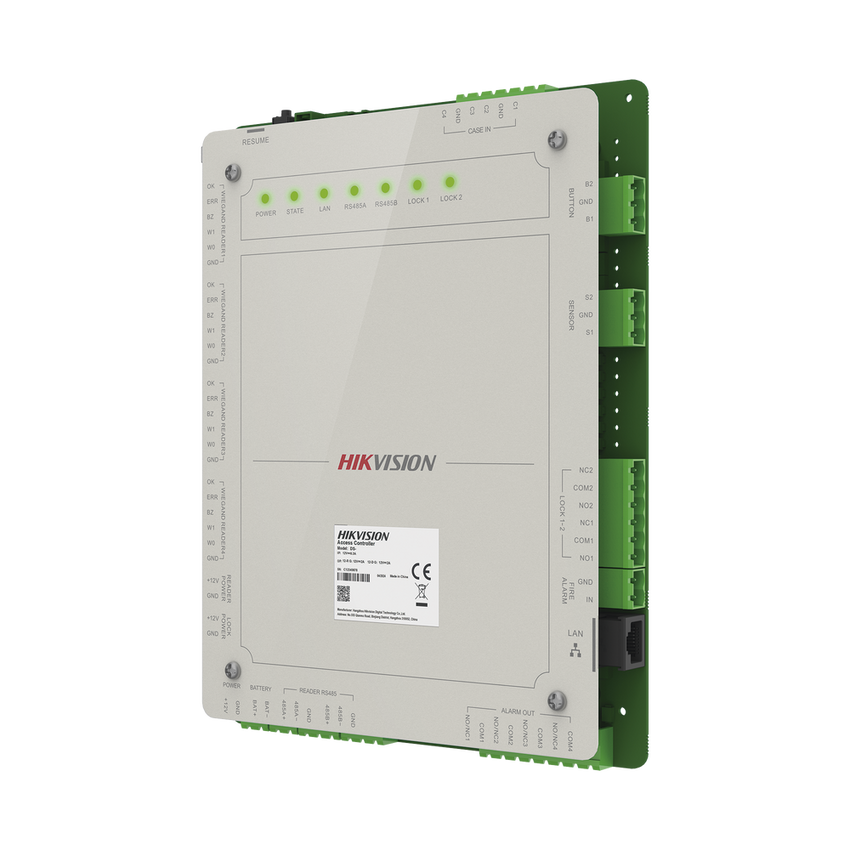 Controlador de Acceso 2 Puertas Administrable en la Nube con Hik-Connect Teams / Interfaz Web / 4 Lectores de Huella o Tarjeta / 100,000 Tarjetas / 10,000 Huellas / Incluye Gabinete y Fuente de Alimentación 12 Vcd 8 A / Soporta Batería de Re