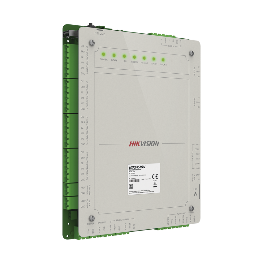 Controlador de Acceso 2 Puertas Administrable en la Nube con Hik-Connect Teams / Interfaz Web / 4 Lectores de Huella o Tarjeta / 100,000 Tarjetas / 10,000 Huellas / Incluye Gabinete y Fuente de Alimentación 12 Vcd 8 A / Soporta Batería de Re