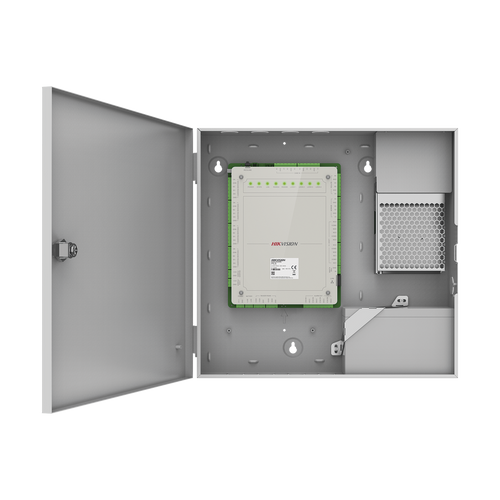 Controlador de Acceso 4 Puertas Administrable en la Nube con Hik-Connect Teams / Interfaz Web / 8 Lectores de Huella o Tarjeta / 100,000 Tarjetas / 10,000 Huellas / Incluye Gabinete y Fuente de Alimentación 12Vcd 8 A / Soporta Batería de Res
