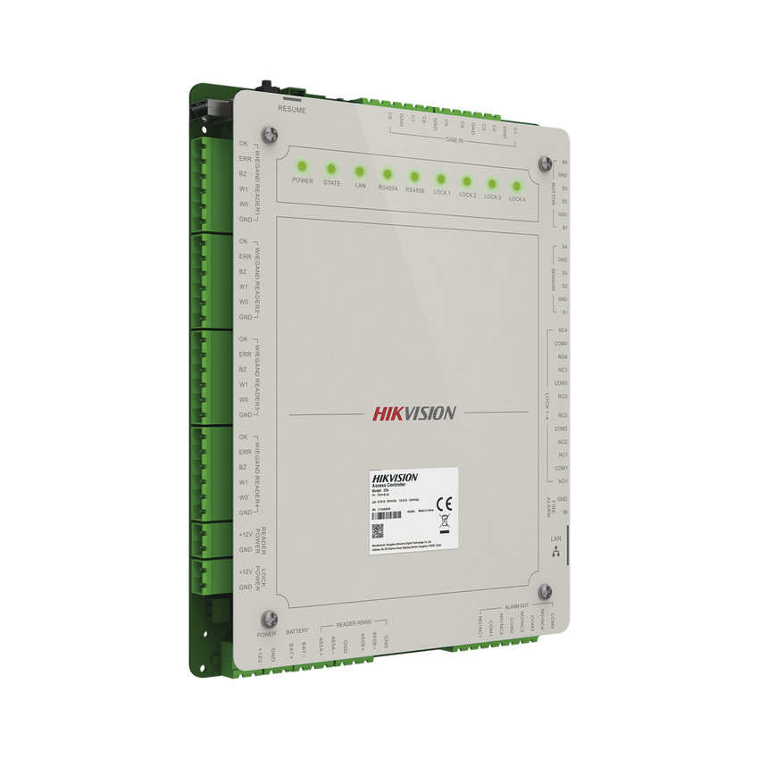 Controlador de Acceso 4 Puertas Administrable en la Nube con Hik-Connect Teams / Interfaz Web / 8 Lectores de Huella o Tarjeta / 100,000 Tarjetas / 10,000 Huellas / Incluye Gabinete y Fuente de Alimentación 12Vcd 8 A / Soporta Batería de Res