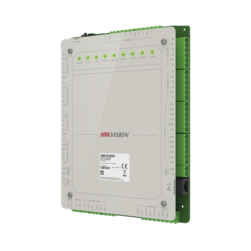 Controlador de Acceso 4 Puertas Administrable en la Nube con Hik-Connect Teams / Interfaz Web / 8 Lectores de Huella o Tarjeta / 100,000 Tarjetas / 10,000 Huellas / Incluye Gabinete y Fuente de Alimentación 12Vcd 8 A / Soporta Batería de Res