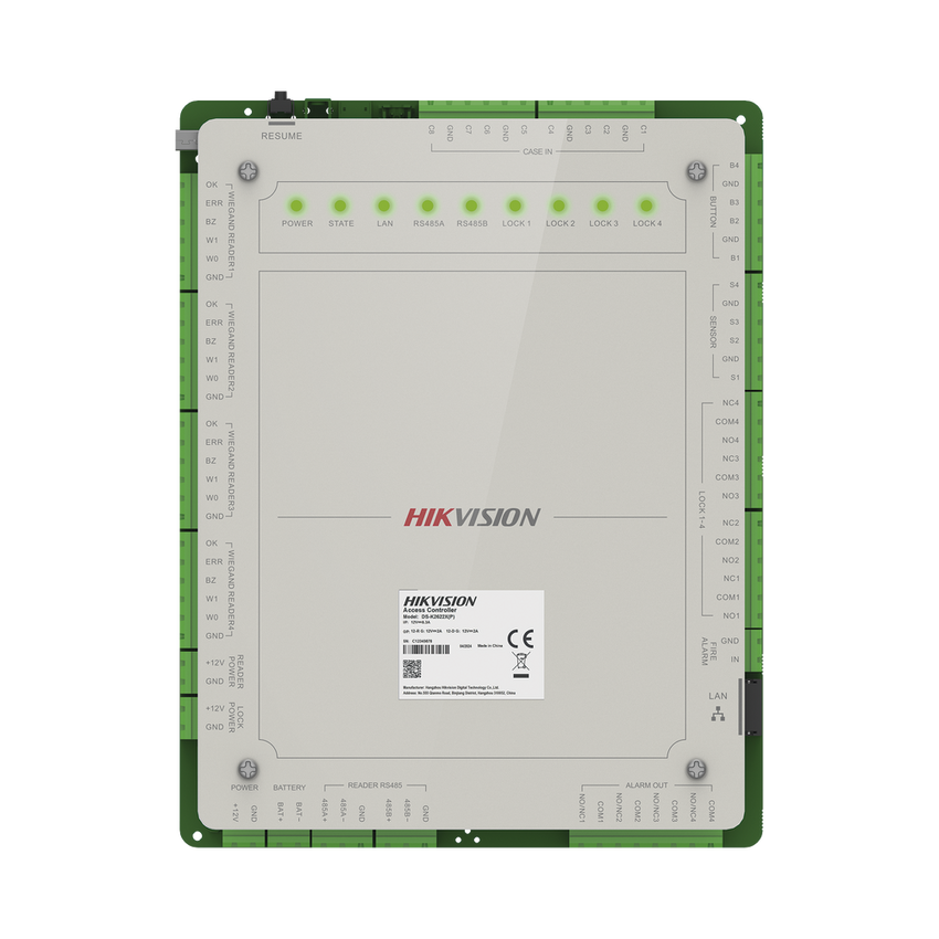 Controlador de Acceso 4 Puertas Administrable en la Nube con Hik-Connect Teams / Interfaz Web / 8 Lectores de Huella o Tarjeta / 100,000 Tarjetas / 10,000 Huellas / Incluye Gabinete y Fuente de Alimentación 12Vcd 8 A / Soporta Batería de Res