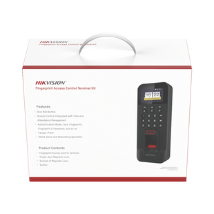Kit de Control de Acceso TODO INCLUIDO con Lector de Huellas y Tarjetas / 3,000 Huellas / Compatible con App Hik-Connect / Incluye Electroimán  Botón de Salida y Montajes Z y L para imán (DS-K1T804)