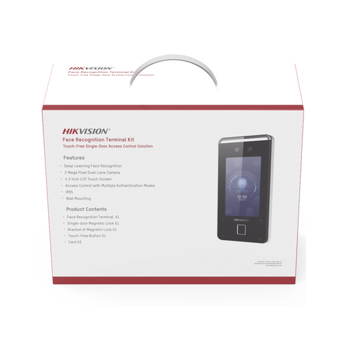 Kit de Control de Acceso TODO INCLUIDO con Lector de Rostros, QRs , Tarjetas y Huellas / 3,000 Rostros / Compatible con App Hik-Connect / Videoportero / Incluye Electroimán  Botón de Salida y Montajes Z y L para imán / HIK-IA