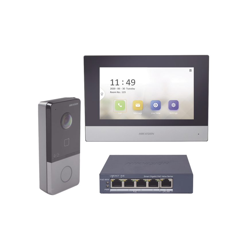 Kit de Videoportero IP + Switch Poe Poe Estandar con llamada a App de Smartphone (HikConnect) / Apertura con tarjeta MIFARE / Frente de calle IP65 / Soporta 1 Departamento