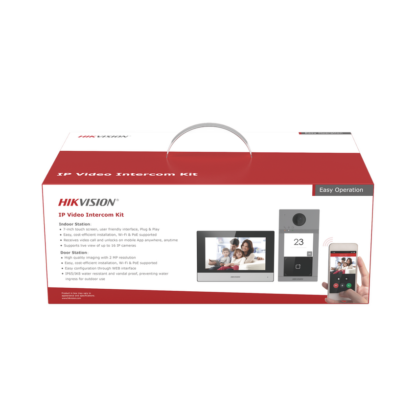 Kit de Videoportero IP PoE Estandar con llamada a App de Smartphone (Hik-Connect) / Apertura con Tarjeta MIFARE / Frente de calle IK08 & IP65 / Soporta 2 puertas