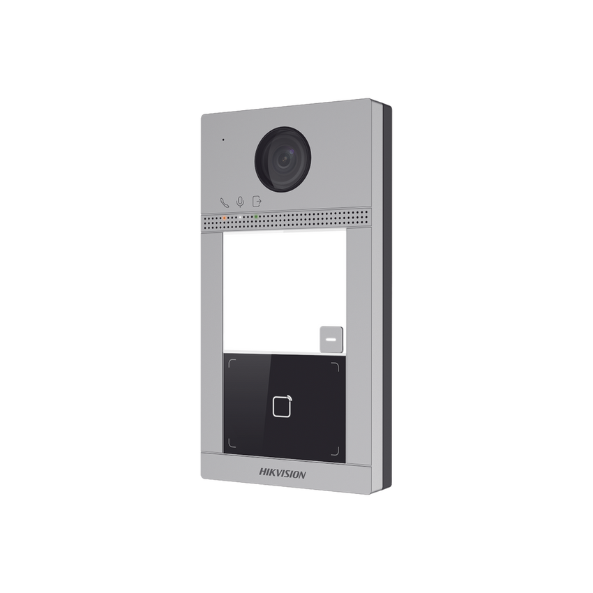 Videoportero IP 2 Megapixel / Llamada y Apertura Remota desde App Hik-Connect / PoE / Exterior IP65 + Antivandalico IK08 / 1 Departamento / Apertura con Tarjeta / Soporta 2 Puertas y hasta 6 Monitores