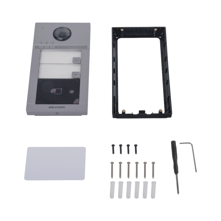 Videoportero IP 2 Megapixel / Llamada y Apertura Remota desde App Hik-Connect (requiere monitor) / PoE / Exterior IP65 + Antivandalico IK08 / 2 Departamentos / Apertura con Tarjeta / Soporta 2 Puertas y hasta 6 Monitores