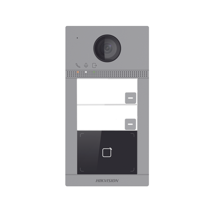 Videoportero IP 2 Megapixel / Llamada y Apertura Remota desde App Hik-Connect (requiere monitor) / PoE / Exterior IP65 + Antivandalico IK08 / 2 Departamentos / Apertura con Tarjeta / Soporta 2 Puertas y hasta 6 Monitores