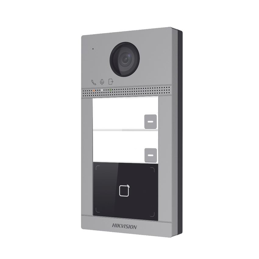 Videoportero IP 2 Megapixel / Llamada y Apertura Remota desde App Hik-Connect (requiere monitor) / PoE / Exterior IP65 + Antivandalico IK08 / 2 Departamentos / Apertura con Tarjeta / Soporta 2 Puertas y hasta 6 Monitores