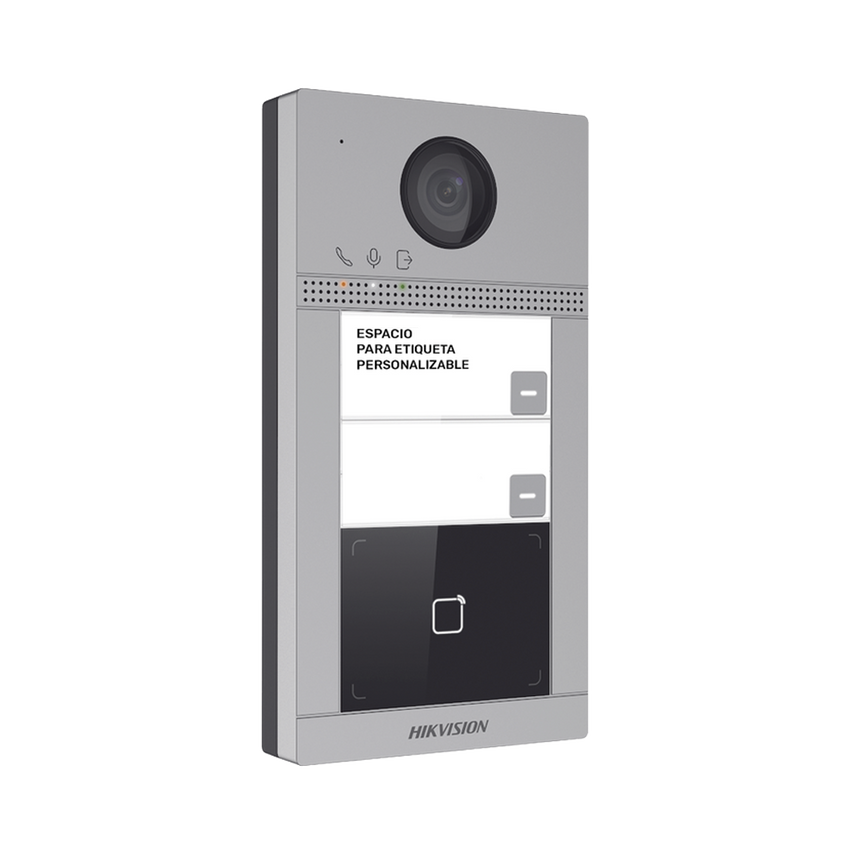 Videoportero IP 2 Megapixel / Llamada y Apertura Remota desde App Hik-Connect (requiere monitor) / PoE / Exterior IP65 + Antivandalico IK08 / 2 Departamentos / Apertura con Tarjeta / Soporta 2 Puertas y hasta 6 Monitores