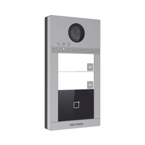 Videoportero IP 2 Megapixel / Llamada y Apertura Remota desde App Hik-Connect (requiere monitor) / PoE / Exterior IP65 + Antivandalico IK08 / 2 Departamentos / Apertura con Tarjeta / Soporta 2 Puertas y hasta 6 Monitores