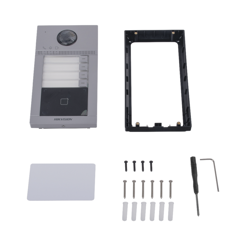 Videoportero IP 2 Megapixel / Llamada y Apertura Remota desde App Hik-Connect (Requiere monitor )/ PoE / Exterior IP65 + Antivandalico IK08 / 4 Departamento / Apertura con Tarjeta / Soporta 2 Puertas y hasta 6 Monitores