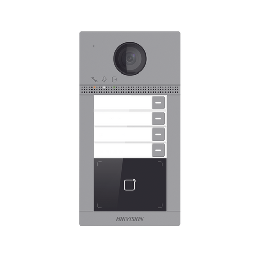 Videoportero IP 2 Megapixel / Llamada y Apertura Remota desde App Hik-Connect (Requiere monitor )/ PoE / Exterior IP65 + Antivandalico IK08 / 4 Departamento / Apertura con Tarjeta / Soporta 2 Puertas y hasta 6 Monitores