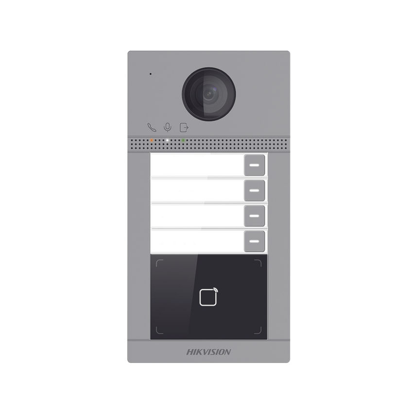 Videoportero IP 2 Megapixel / Llamada y Apertura Remota desde App Hik-Connect (Requiere monitor )/ PoE / Exterior IP65 + Antivandalico IK08 / 4 Departamento / Apertura con Tarjeta / Soporta 2 Puertas y hasta 6 Monitores