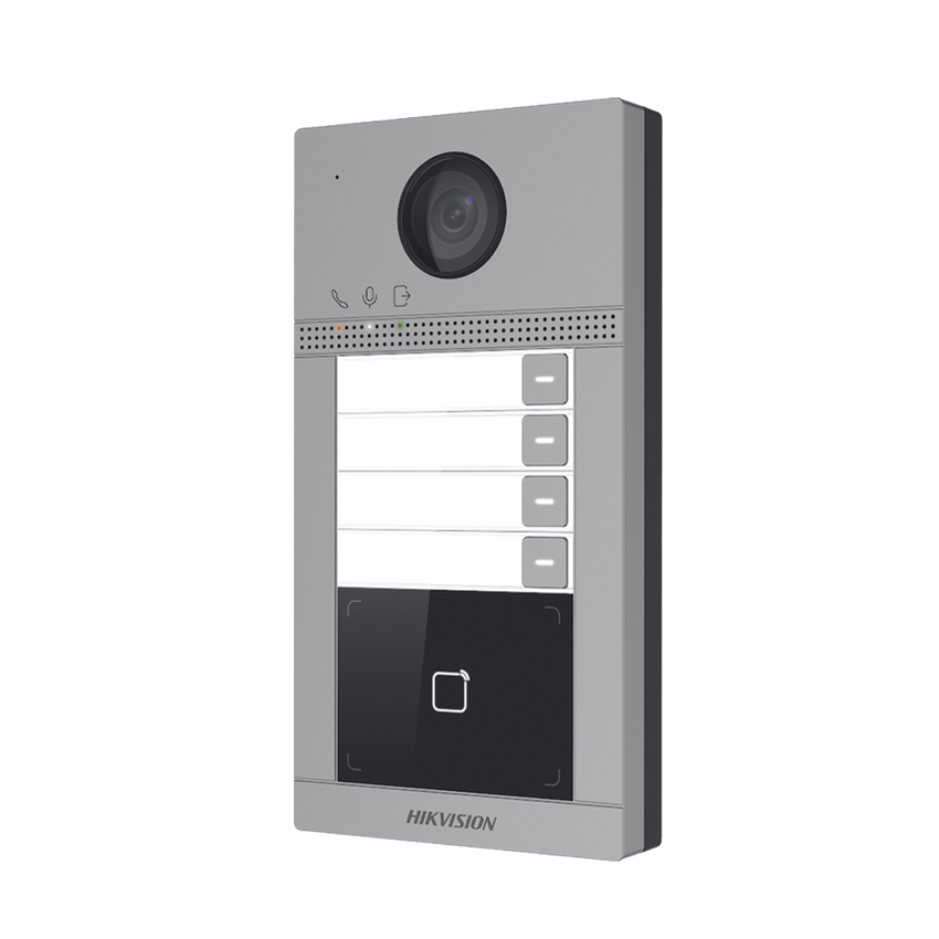 Videoportero IP 2 Megapixel / Llamada y Apertura Remota desde App Hik-Connect (Requiere monitor )/ PoE / Exterior IP65 + Antivandalico IK08 / 4 Departamento / Apertura con Tarjeta / Soporta 2 Puertas y hasta 6 Monitores