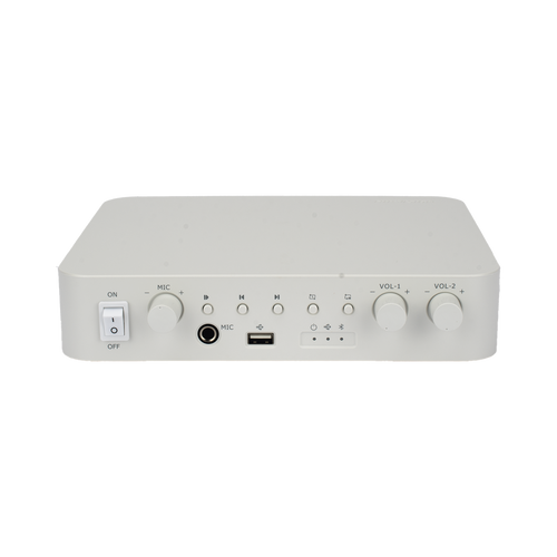 Amplificador | Bluetooth | 2 Canales con Control de volumen Independiente | 30 W por Canal | Salida 4-8 &Omega; x 2 | 100V COM x 2 | Una Zona | Música Ambiental