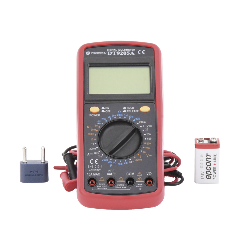 KIT Multímetro Digital DT9205A 600 Vcc /  Vca  CATII,  con Pantalla LCD. Incluye Batería ER-9V de 9V