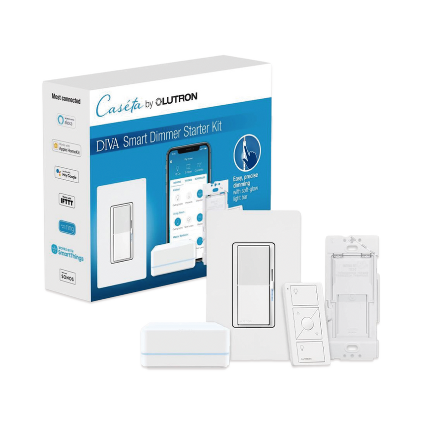 (Caseta Wireless) Kit Hub controlador, atenuador, control remoto PICO, base de pared y tapa.