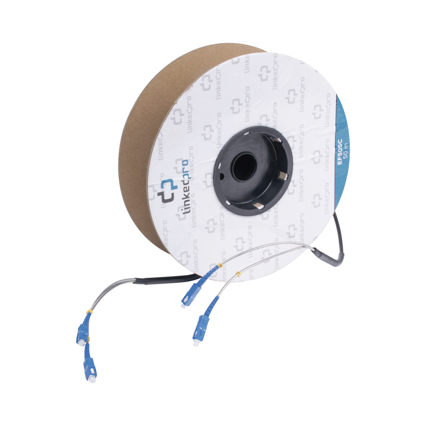 Carrete de Fibra Óptica Monomodo con Conectores SC-SC Duplex, Reforzada con Kevlar, de 50 Metros (164.04 Pies), Para Instalaciones Subterráneas por Tubería