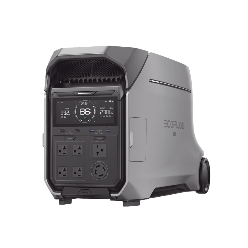 Estación de Energía Portátil DELTA PRO3 / 4096Wh Litio LFP / 5 AC 4000W (8000W Pico) / 2 USB-C 100W / Capacidad para Aumentar Respaldo / Cargador de Coche 10A a 12.6V / Conectividad WiFi y Bluetooth (App) / Carga Solar 2600W Max. (2 P