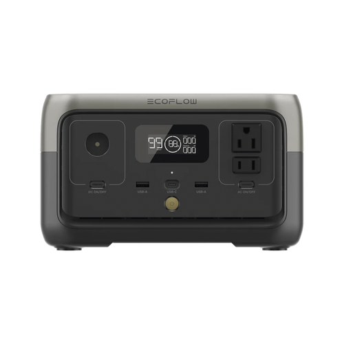 EcoFlow River 2 | Estación de Energía Portátil 256Wh Litio LFP / 2 AC 300 W (Max. 600W) / 1 USB-C 60W / 2 USB -A 12W / Cargador de Coche 8A a 12 o 24V / Conectividad WiFi y Bluetooth (App) / Carga Solar 110W Max.