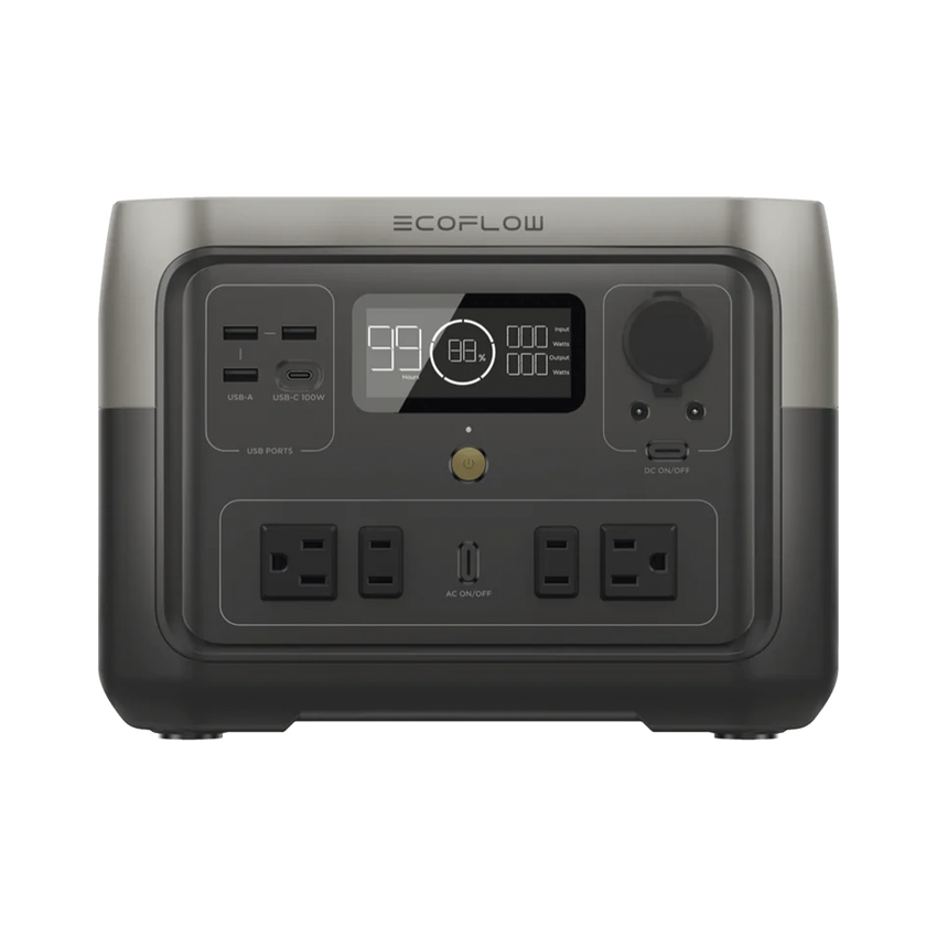 EcoFlow River 2 Max | Estación de Energía Portátil 512Wh Litio LFP / 4 AC 500 W (Max. 1000W) / 1 USB-C 100W / 3 USB -A 12W / Cargador de Coche 8A a 12 o 24V / Conectividad WiFi y Bluetooth (App) / Carga Solar 220W Max.