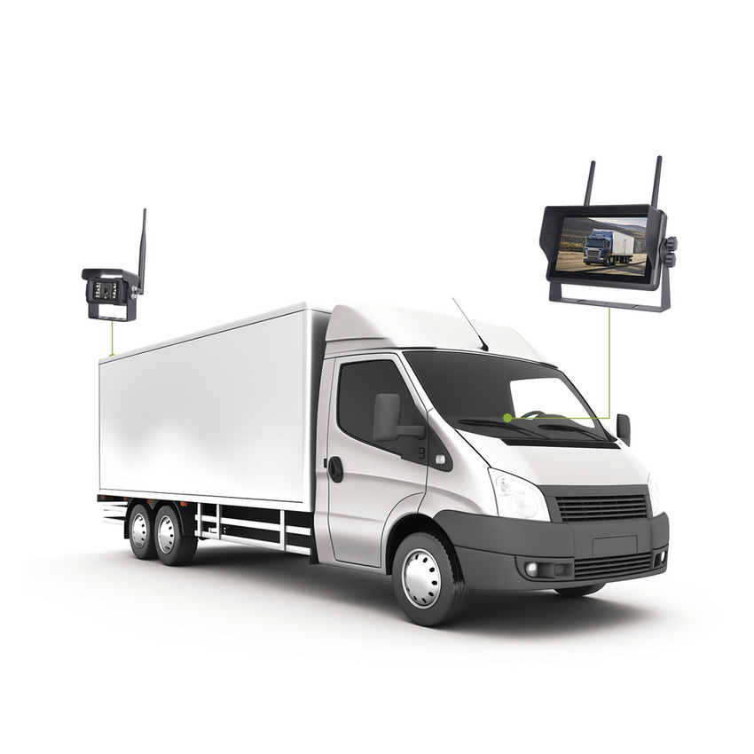 Sistema Profesional Inalámbrico de Cámara de Reversa Infrarroja y Monitor Touch de 7" para Vehículos de Trabajo y Montacargas