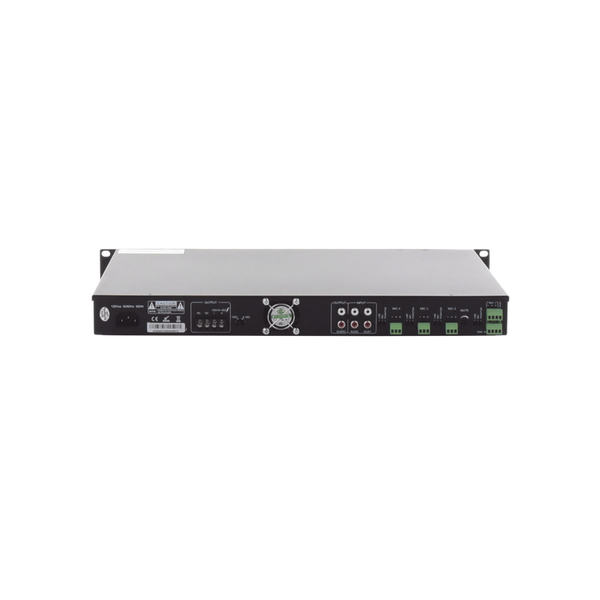 Amplificador de Audio | 1 canal | 350 W | Sistema 100V y Baja Impedancia | 4 Entradas de Micrófono Balanceadas | Bluetooth | USB | SD | FM | Montaje en Rack