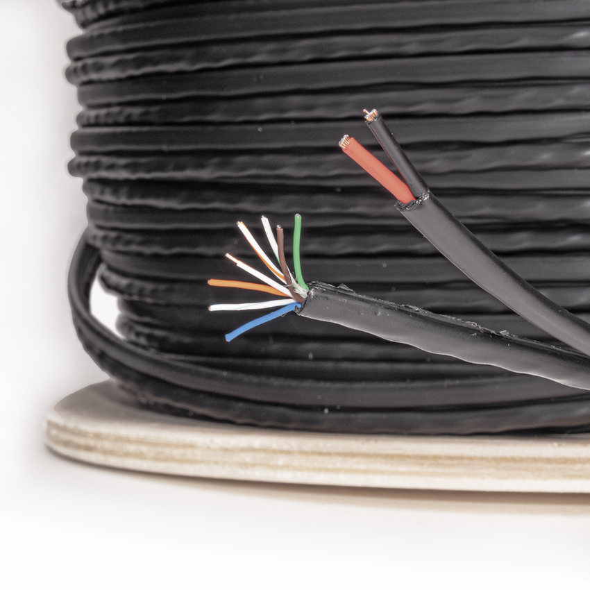 Bobina de Cable Siamés Cat5e CCA + 2 Cables Gruesos (16 AWG) para Alimentar Cámaras Más Lejos / 305 Metros (1000 Pies) / Instalación en Exterior / Uso Industrial para Climas Extremos