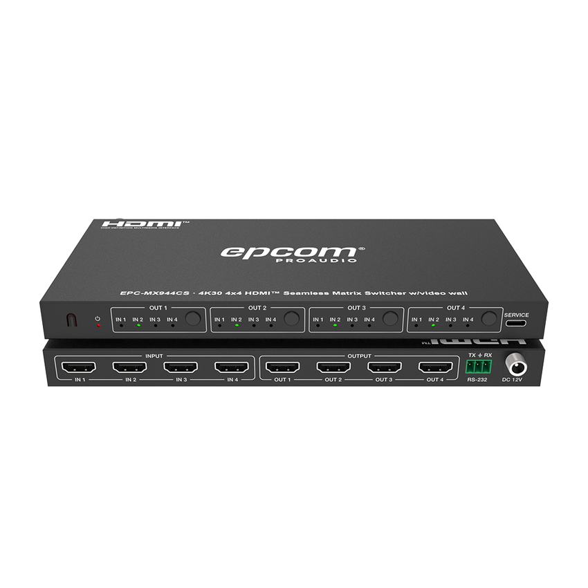 Matriz de Video HDMI 4x4 | Ancho de Banda 10.2 Gbps | Resolución 4K@30Hz | Escalado a 1080P, 720P, 1920x1200, 4K30 | Modos Matriz y Video Wall | Control RS-232 y Remoto Infrared