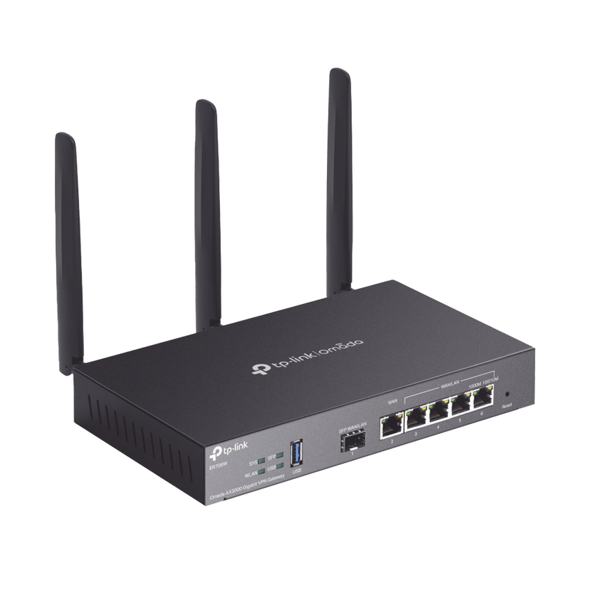 Router Omada VPN / SDN Multi-WAN Gigabit / 1 Puerto WAN SFP Gigabit / 1 Puerto WAN RJ45 Gigabit / 2 Puertos LAN RJ45 Gigabit / 2 Puertos Configurables LAN/WAN / 150,000 Sesiones Concurrentes / Administración Centralizada Omada o Stand-Alone