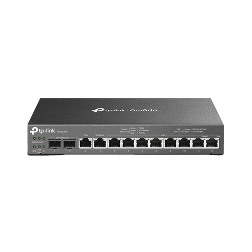 Router Omada VPN / SDN Multi-WAN 1G / Switch con PoE y Controlador  / 2 puerto WAN/LAN SFP 1G / 1 Puerto RJ45 WAN / 1 Puerto WAN/LAN RJ45 / 8 Puertos PoE+ LAN RJ45 /  24,980 Sesiones Concurrentes / Administración por Controlador Omada o Stand-Alone