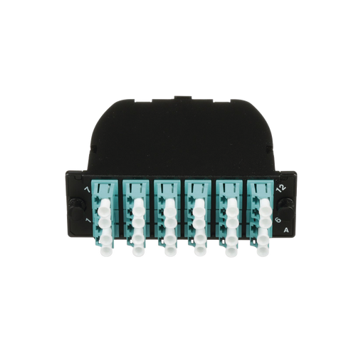 Casete OptiCom de Fibra Óptica Multimodo OM3, Con 2 Conectores MPO a 12 LC Duplex, Polaridad Método A, Pérdida de Inserción Estándar