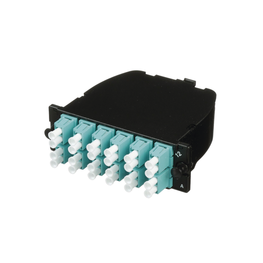Casete OptiCom de Fibra Óptica Multimodo OM3, Con 2 Conectores MPO a 12 LC Duplex, Polaridad Método A, Pérdida de Inserción Estándar