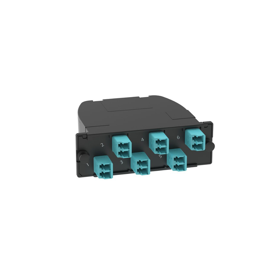 Casete OptiCom de Fibra Óptica Multimodo OM4, Con Conector MPO a 6 LC Duplex, Polaridad Método A, Pérdida de Inserción Estándar