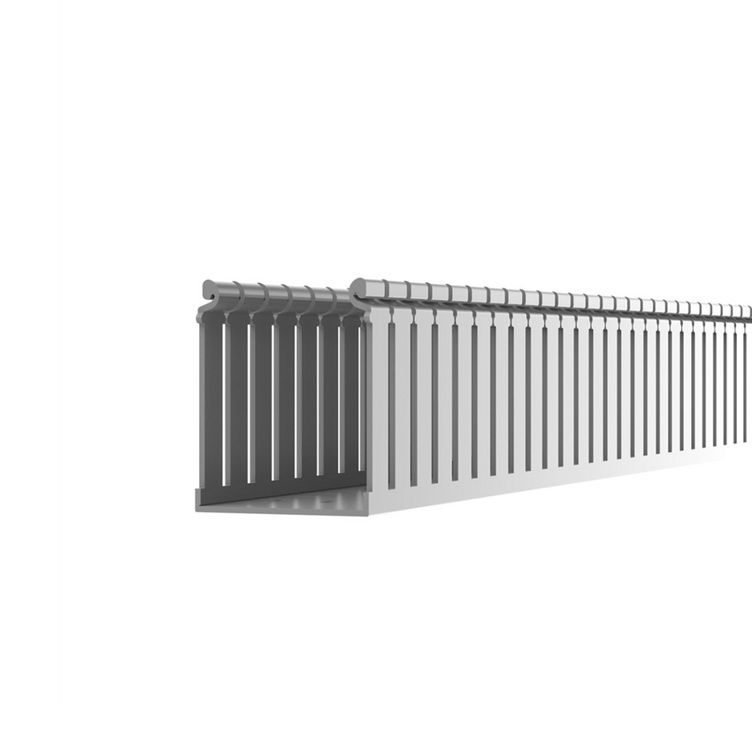 Canaleta Ranurada de PVC con Tapa, Tipo F, 108 mm de Ancho, 79.2 mm de Alto y 2 m de Largo, Color Gris