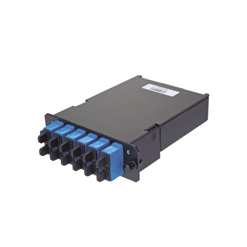 Placa Acopladora de Fibra Óptica FAP, Con 12 Pigtails y 6 Conectores LC Duplex (12 Fibras), Para Fibra Monomodo OS1/OS2, Color Azul