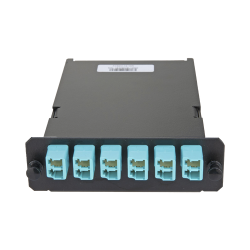 Placa Acopladora de Fibra Óptica FAP, Con 12 Pigtails Ribbon y 6 Conectores LC Duplex (12 Fibras), Para Fibra Multimodo OM3/OM4, Color Aqua