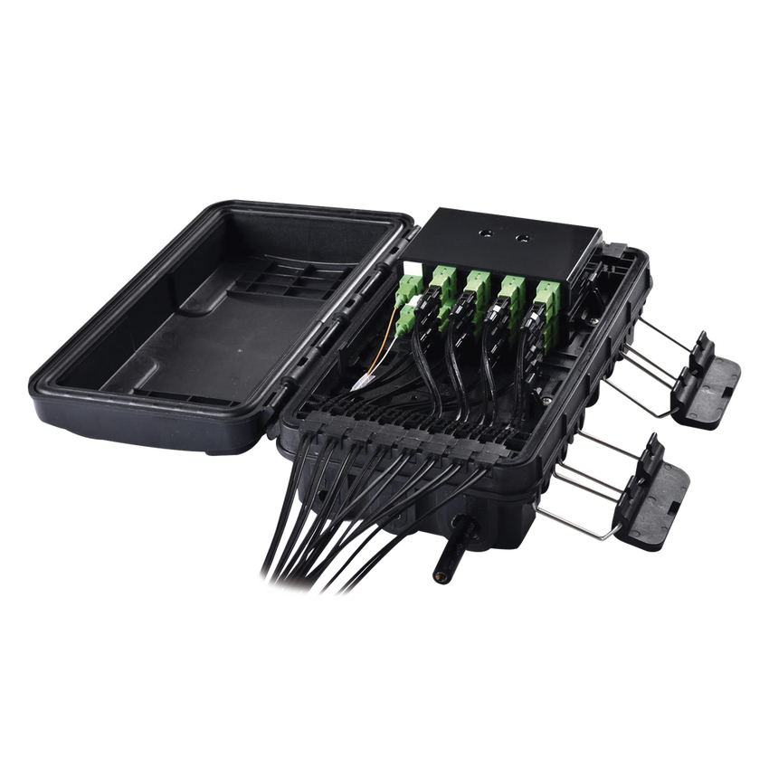 Caja de Distribución de Fibra Óptica para 24 Empalmes, con 16 acopladores SC/APC simplex, Exterior IP65, Color Negro