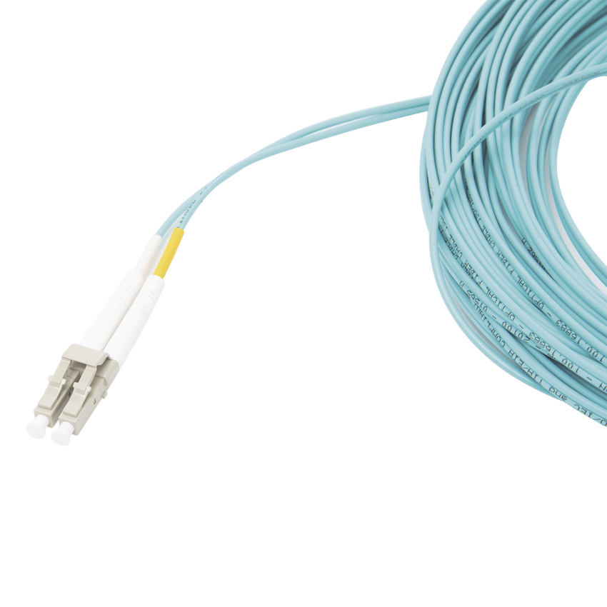 Jumper de Fibra Óptica Multimodo 50/125 XGLO OM3, LC-LC Duplex, OFNR, Color Aqua, 15 Metros (49.21 Pies)
