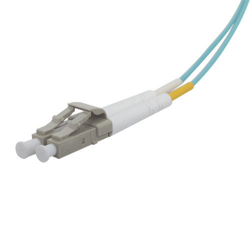 Jumper de Fibra Óptica Multimodo 50/125 XGLO OM3, LC-LC Duplex, OFNR, Color Aqua, 30 Metros (98.43 Pies)