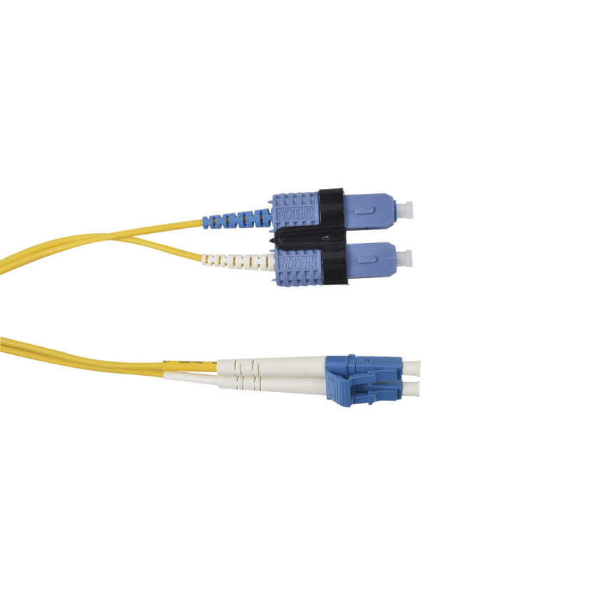 Jumper de Fibra Óptica Monomodo (OS2), XGLO, Riser, LC/UPC-SC/UPC Duplex, OFNR, Color Amarillo, 1 Metro (3.28 Pies)