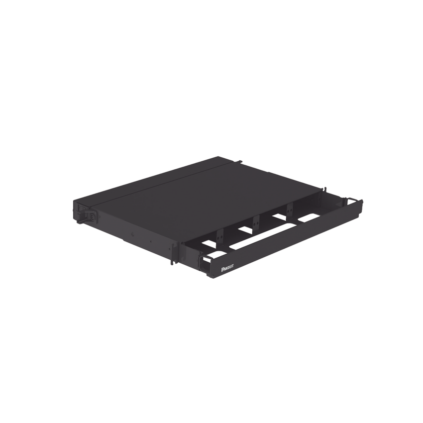 Panel de Distribución de Fibra Óptica, Acepta 4 Placas FAP o FMP, Bandeja Deslizable, Hasta 96 Fibras, Color Negro, 1UR