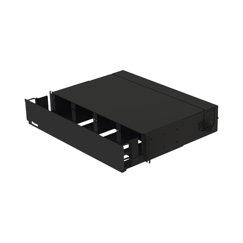 Panel de Distribución de Fibra Óptica, Acepta 8 Placas FAP o FMP, Bandeja Deslizable, Hasta 192 Fibras, Color Negro, 2 UR