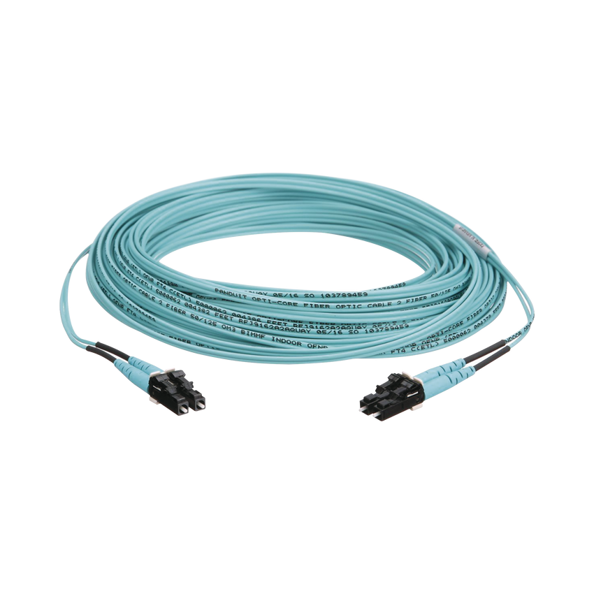 Jumper de Fibra Optica Multimodo 50/125 OM3, LC-LC Duplex, OFNR (Riser), Color Aqua, 10 Metros