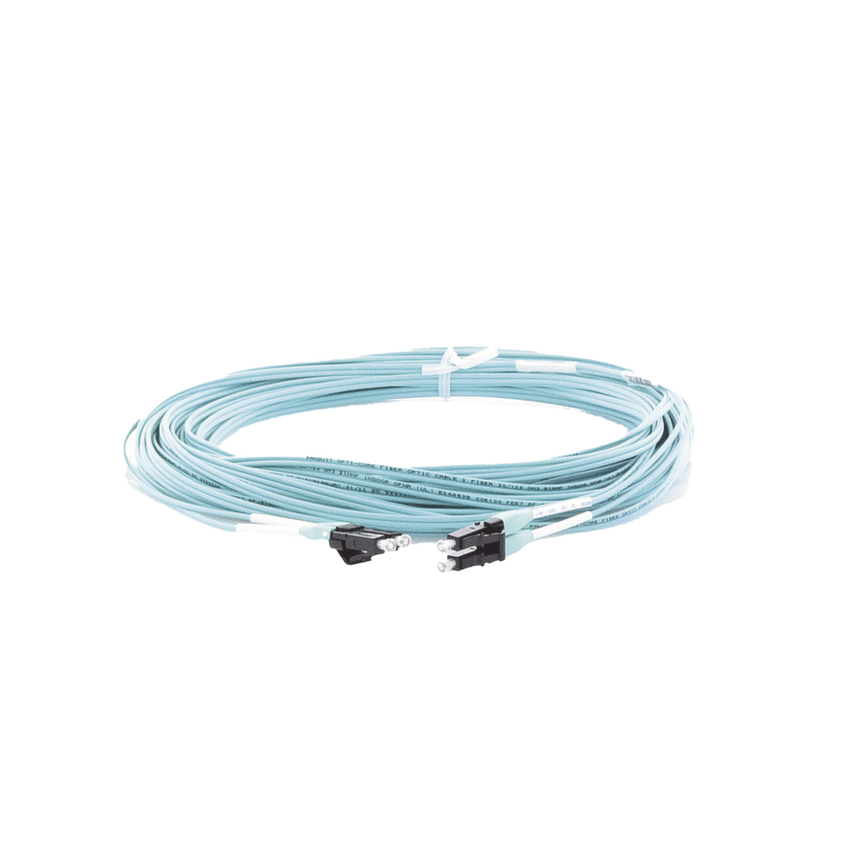 Jumper de Fibra Optica Multimodo 50/125 OM3, LC-LC Duplex, OFNR (Riser), Color Aqua, 15 Metros (49.21 Pies)