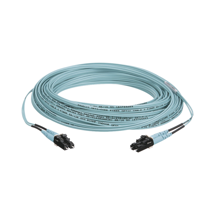 Jumper de Fibra Optica Multimodo 50/125 OM3, LC-LC Duplex, OFNR (Riser), Color Aqua, 50 Metros