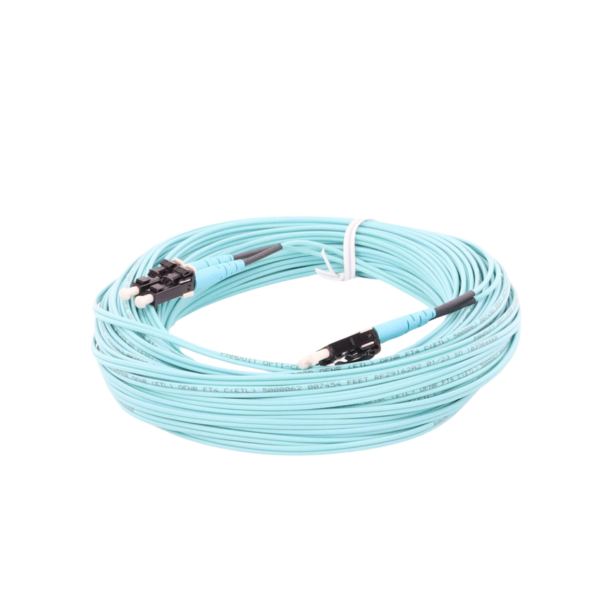 Jumper de Fibra Optica Multimodo 50/125 OM4, LC-LC Duplex, OFNR (Riser), Color Aqua, 20 Metros (65.62 Pies)